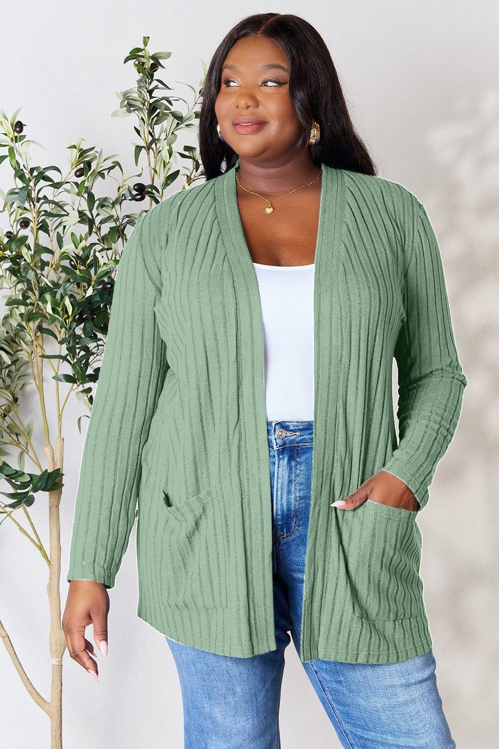 Basic Bae Full Size Ribbed Open Front Cardigan with Pockets - Trendsi