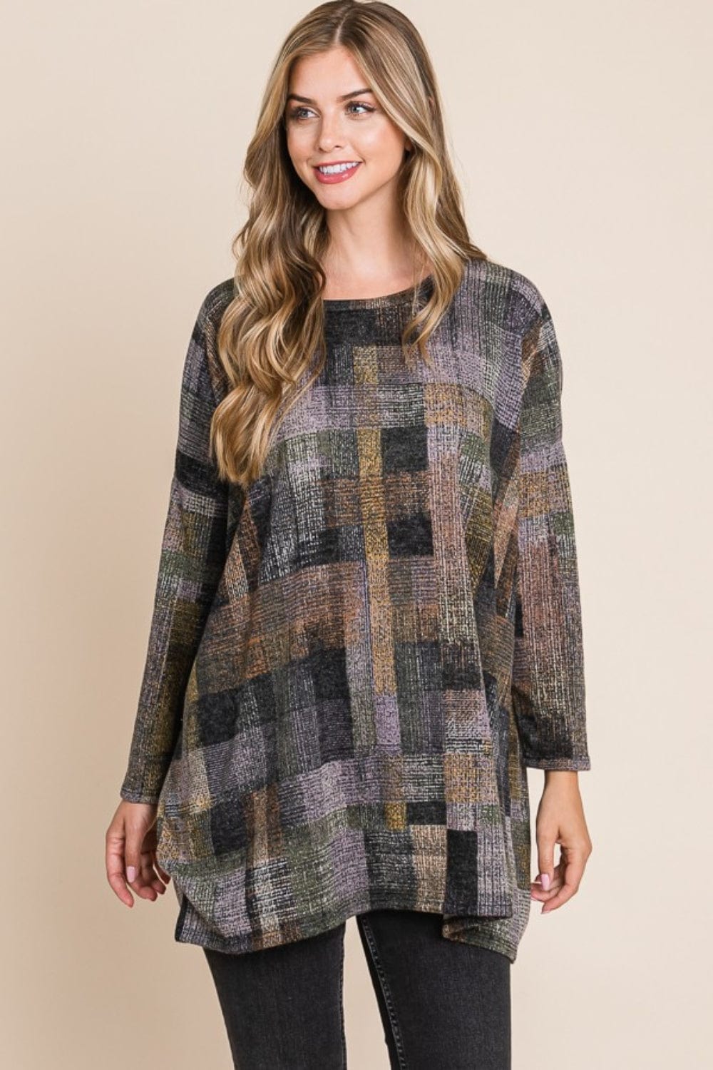 BOMBOM Plaid Round Neck Long Sleeve Top - Trendsi