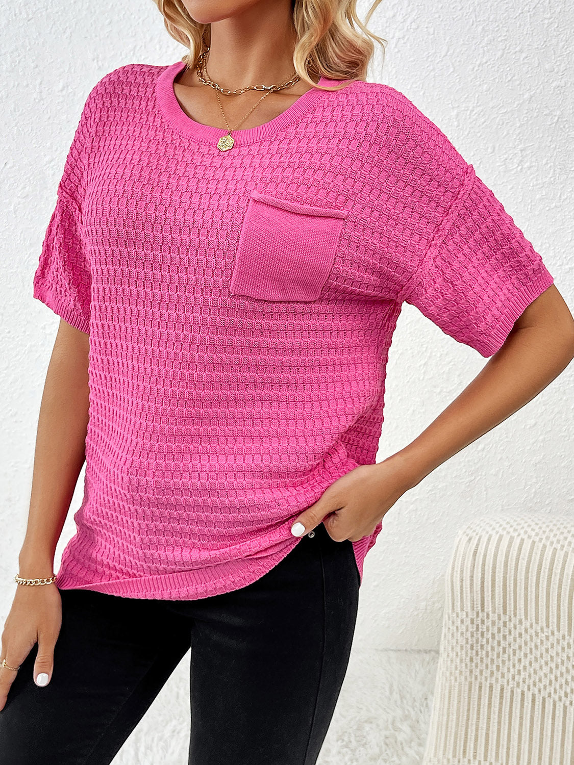 Round Neck Half Sleeve Knit Top - Flyclothing LLC