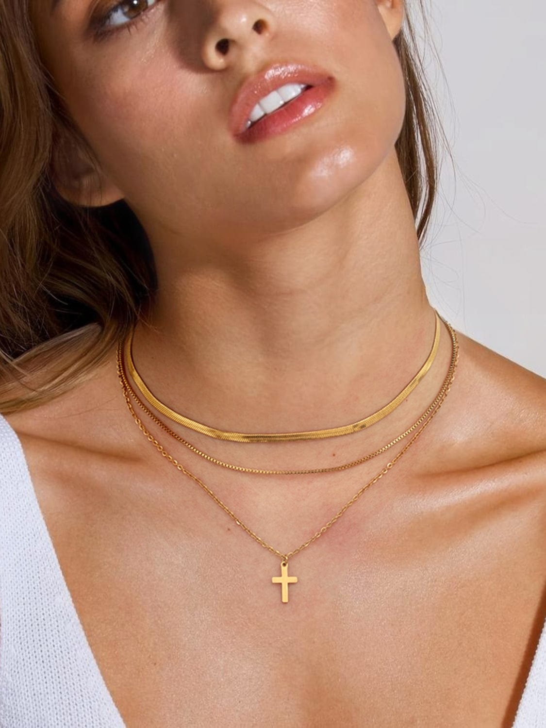 18K Gold-Plated Three-Layered Cross Necklace - Trendsi