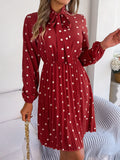 Polka Dot Tie Neck Pleated Dress - Flyclothing LLC