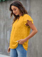 Swiss Dot Notched Flutter Sleeve Blouse Trendsi