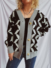 Contrast Trim Geometric V-Neck Long Sleeve Cardigan - Trendsi