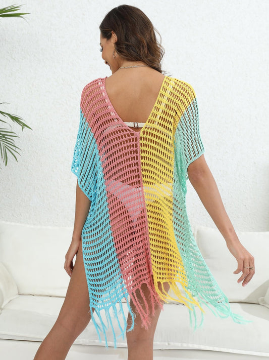 Fringe Color Block Scoop Neck Cover Up - Flyclothing LLC