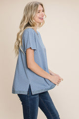 Cotton Bleu by Nu Lab Slit Striped Notched Short Sleeve T-Shirt - Trendsi