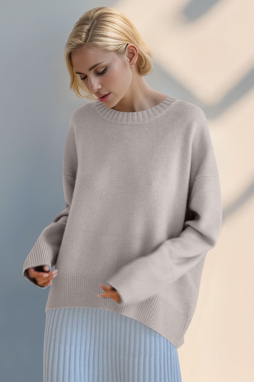 Basic Bae Round Neck Dropped Shoulder Sweater - Trendsi