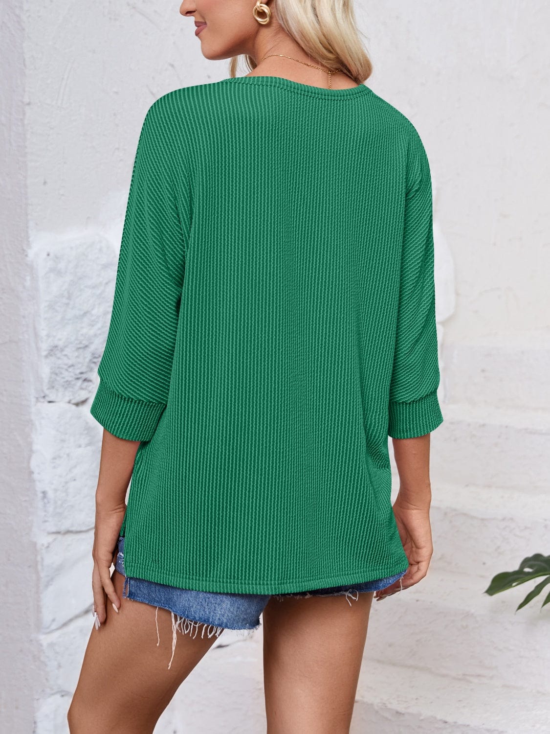 Textured Round Neck Three-Quarter Sleeve Blouse - Trendsi