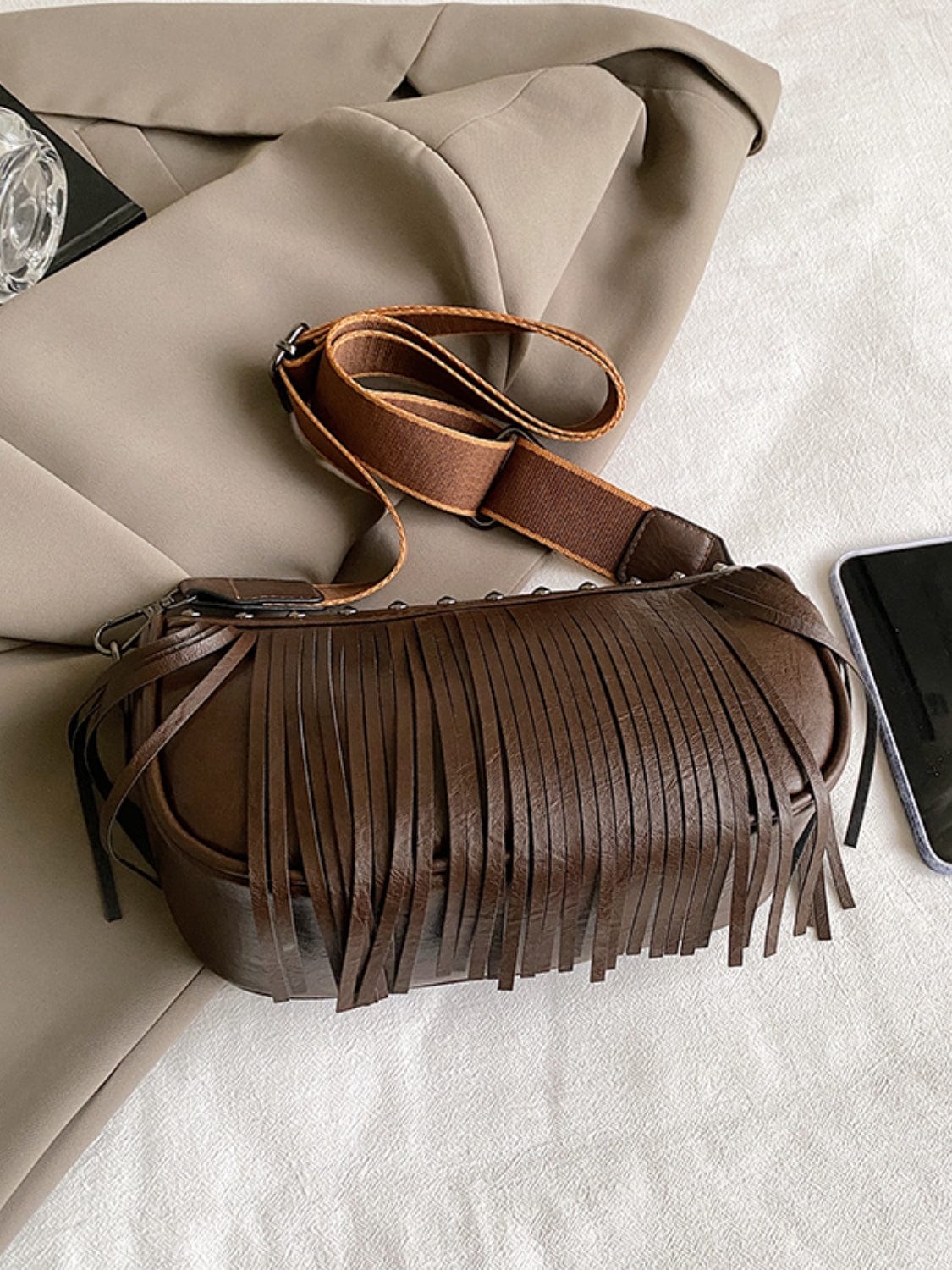 PU Leather Fringe Studded Crossbody Bag - Trendsi