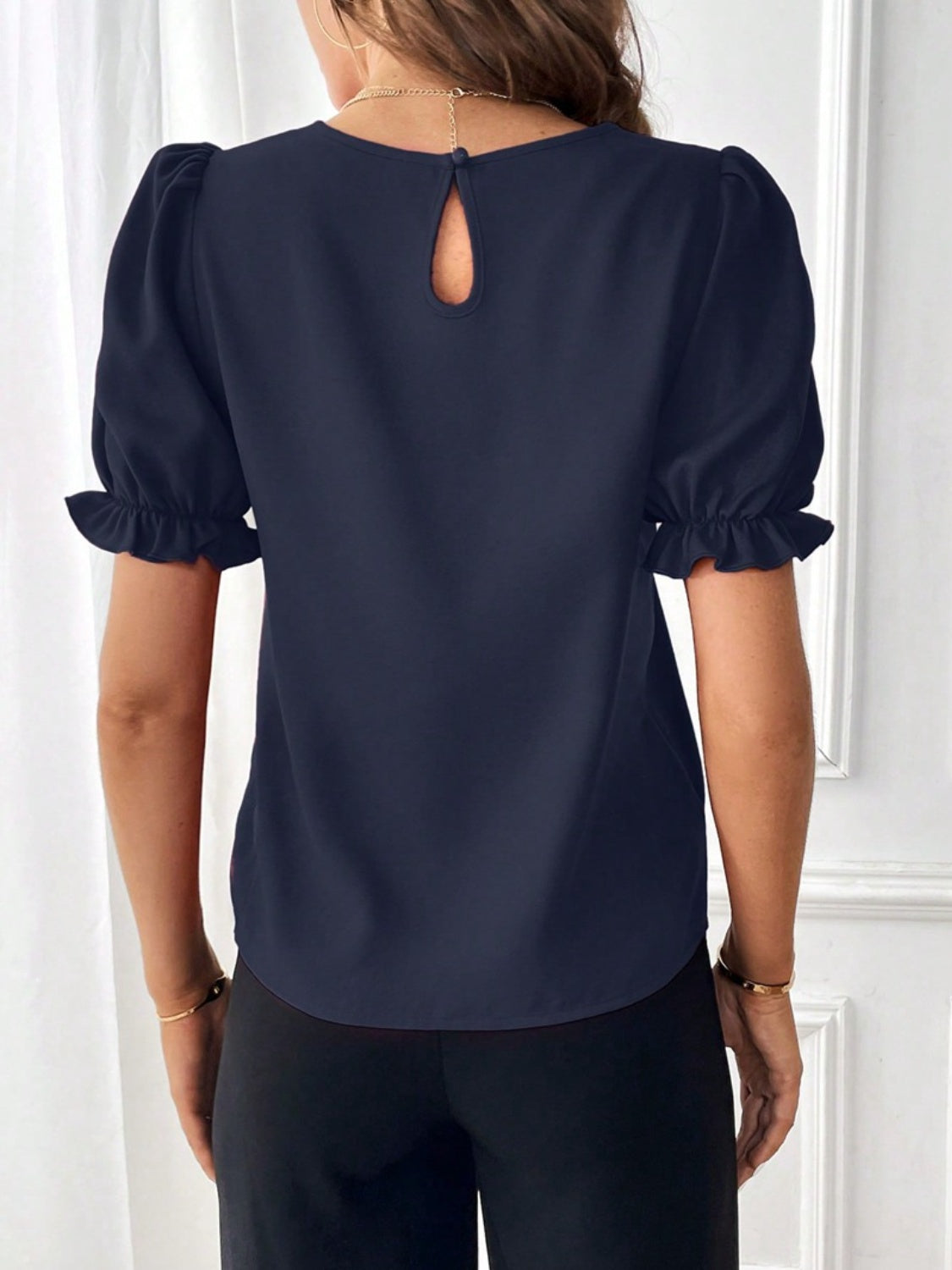 Round Neck Flounce Sleeve Blouse - Flyclothing LLC