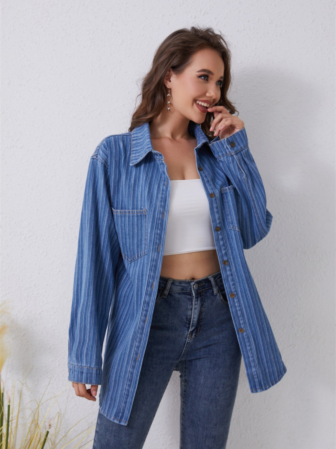 Pocketed Striped Button Up Denim Shirt - Flyclothing LLC