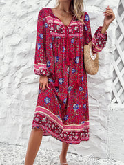 Tassel Tied Printed Long Sleeve Dress - Flyclothing LLC