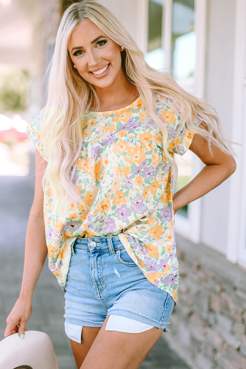 Printed Round Neck Cap Sleeve Blouse - Flyclothing LLC