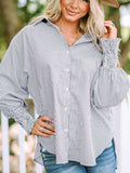 Striped Collared Neck Lantern Sleeve Shirt