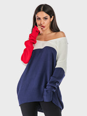 Blusa de punto de manga larga con escote en V y contraste Perfee