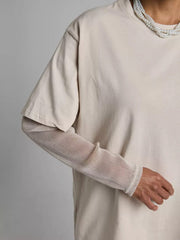 Faux Layered Round Neck Mesh Sleeve Top - Trendsi