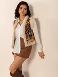 Embroidered Fuzzy Trim Open Front Vest Coat