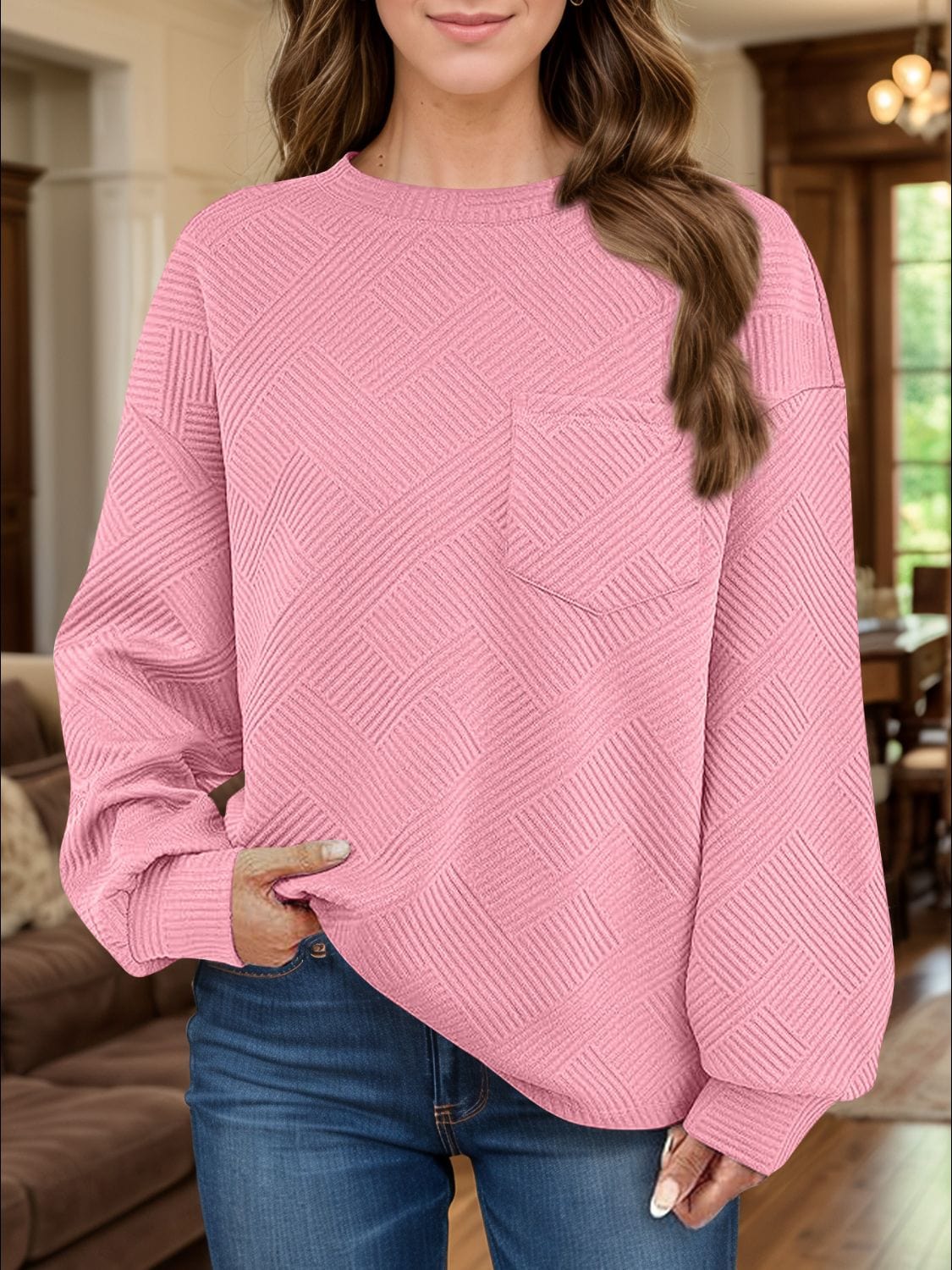 Full Size Texture Round Neck Long Sleeve Sweatshirt - Trendsi