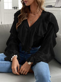 Full Size Ruffled V-Neck Button Down Flounce Sleeve Blouse - Trendsi