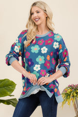 Celeste Full Size Side Slit Flower Print Long Sleeve Top - Trendsi