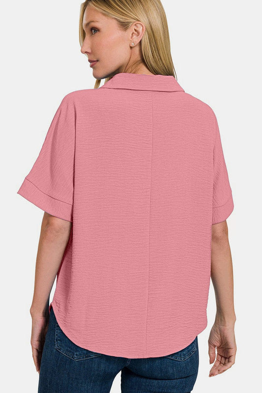 Blusa de manga corta con cuello y textura Zenana