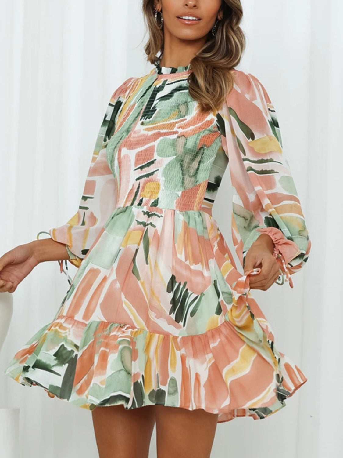 Printed Mock Neck Balloon Sleeve Mini Dress - Flyclothing LLC