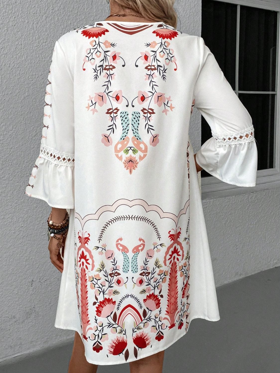 Lace Detail Printed Three-Quarter Sleeve Dress - Trendsi