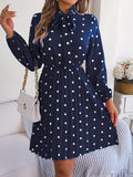 Polka Dot Tie Neck Pleated Dress - Flyclothing LLC