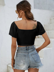 Drawstring Short Sleeve Crop Top - Trendsi