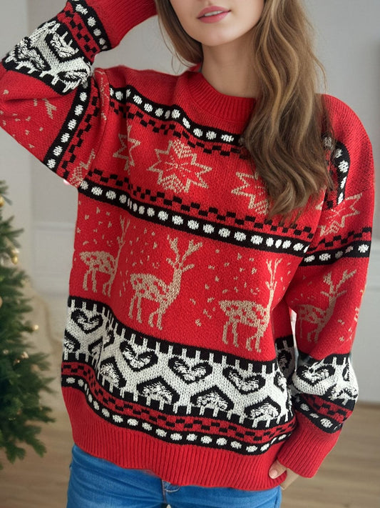 Christmas Element Round Neck Long Sleeve Sweater - Trendsi