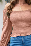 Smocked Square Neck Long Sleeve Blouse - Flyclothing LLC