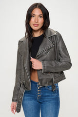 Coalition LA Zip Up Biker Jacket with Belt - Trendsi