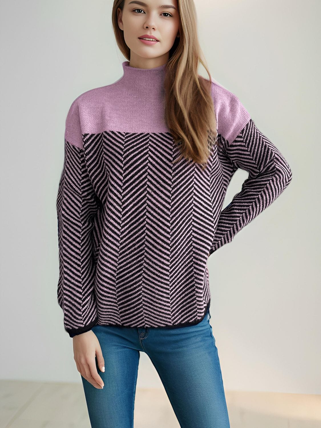 Contrast Turtleneck Long Sleeve Sweater - Trendsi