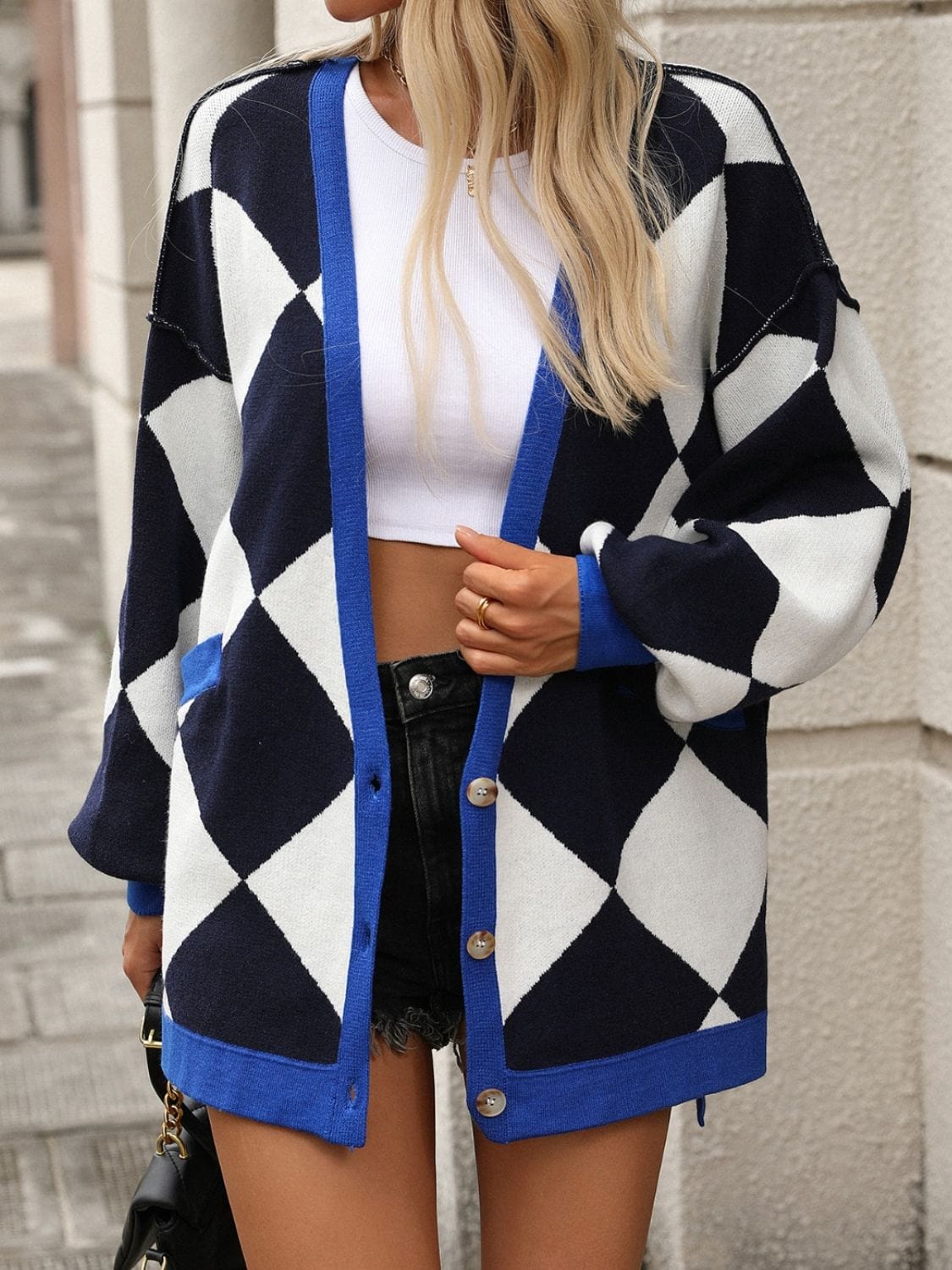 Checkered Dropped Shoulder Long Sleeve Cardigan - Trendsi