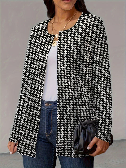 Houndstooth Open Front Long Sleeve Jacket - Trendsi