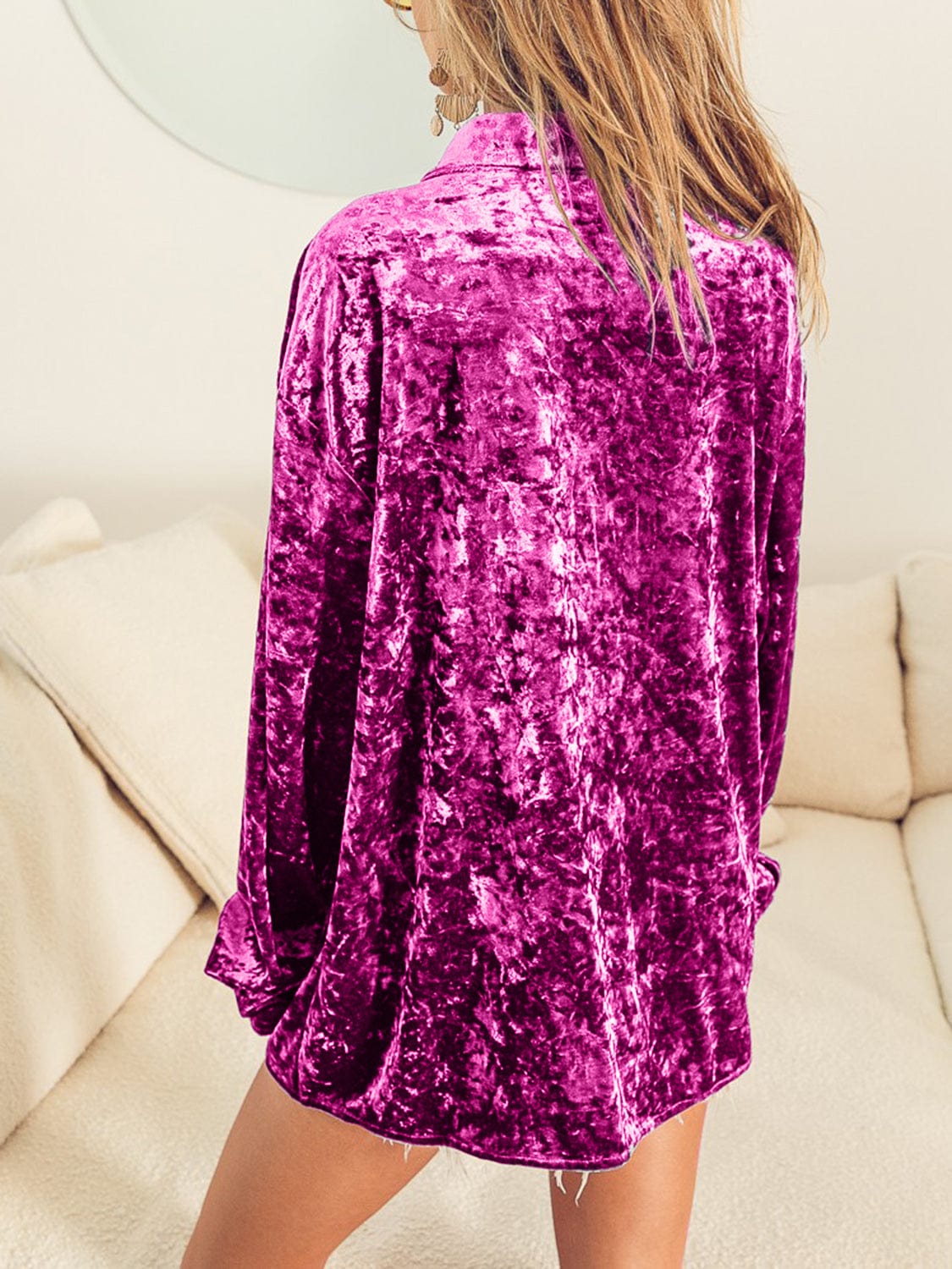 Collared Neck Long Sleeve Velvet Shirt - Trendsi