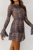 Backless Leopard Flare Sleeve Dress - Trendsi