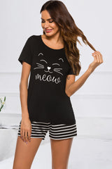 Graphic Round Neck Top and Striped Shorts Lounge Set - Flyclothing LLC