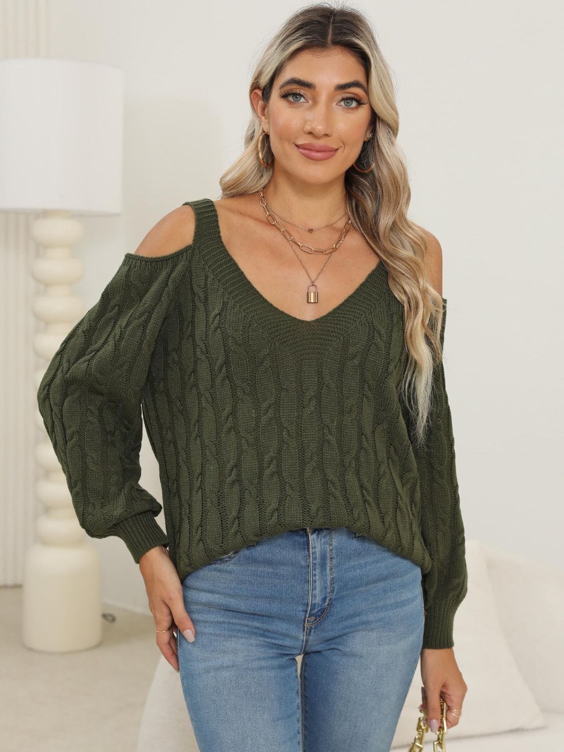 Cable-Knit V-Neck Long Sleeve Sweater - Trendsi