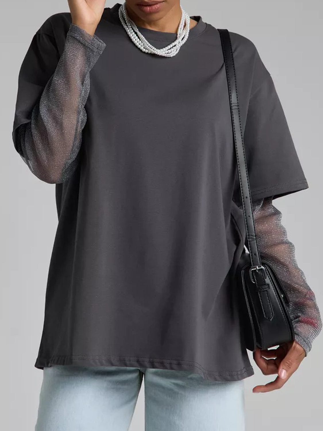 Faux Layered Round Neck Mesh Sleeve Top - Trendsi