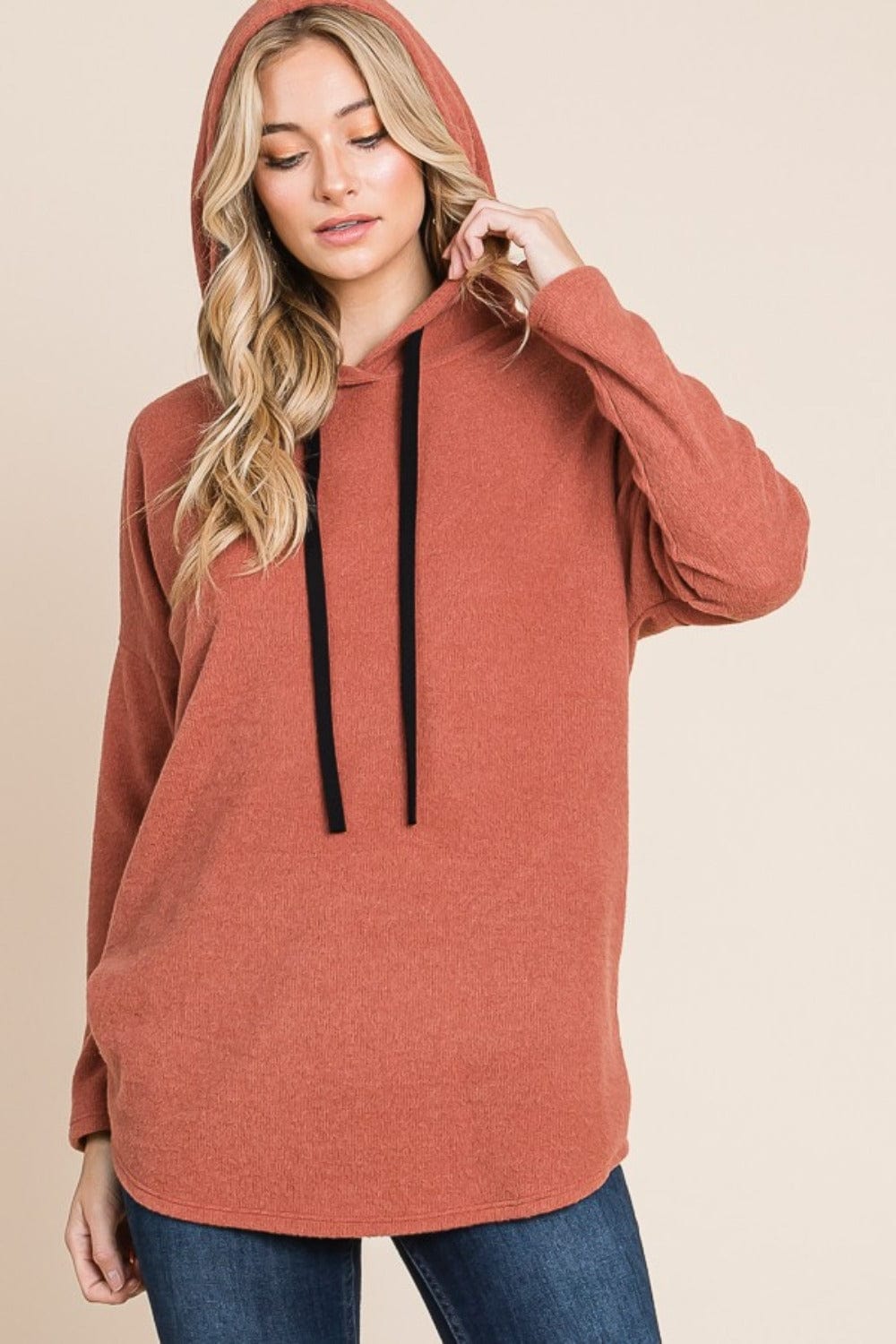 BOMBOM Contrast Drawstring Drop Shoulder Knit Hoodie - Trendsi