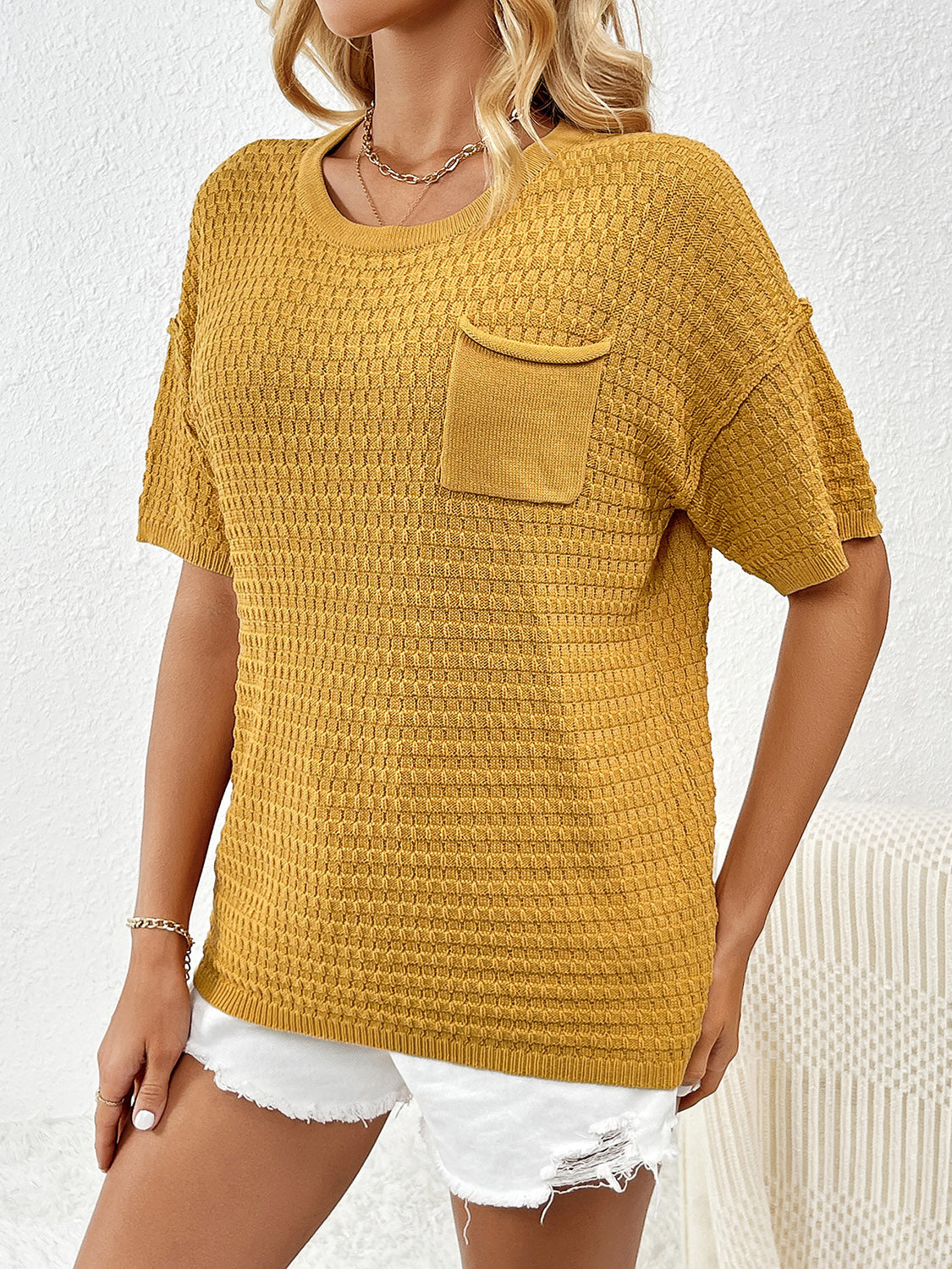 Round Neck Half Sleeve Knit Top - Flyclothing LLC