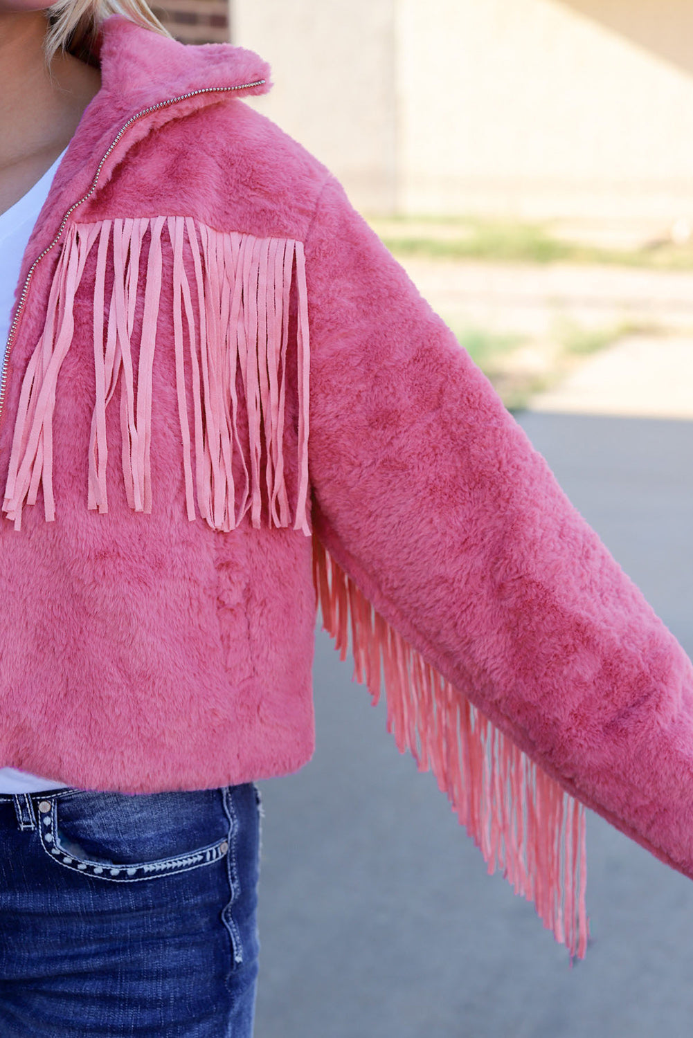 Fringed Zip Up Fleece Jacket