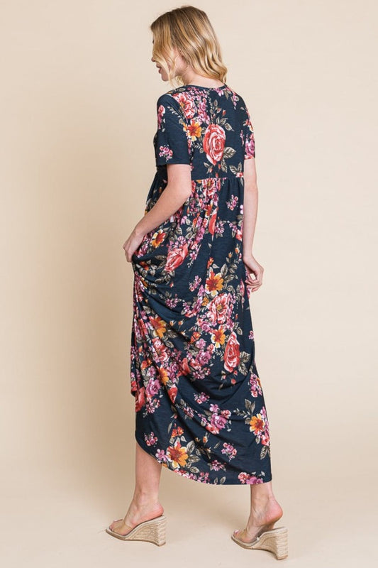 BOMBOM Floral Short Sleeve Maxi Dress - Trendsi