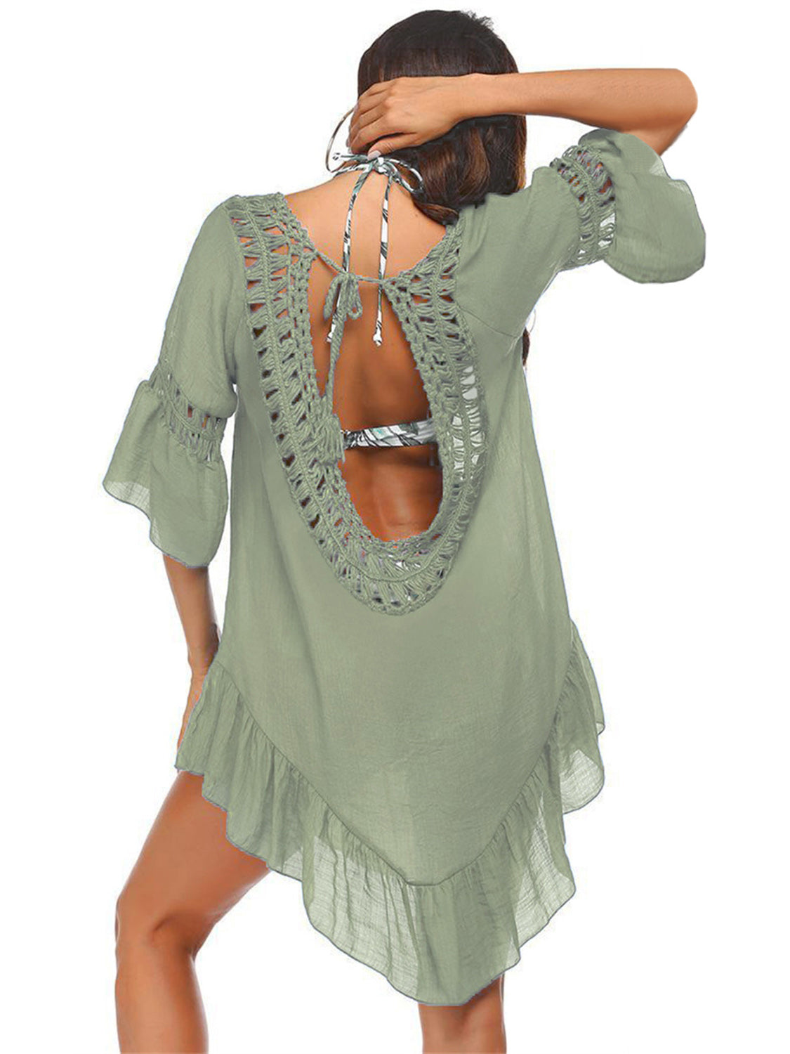 Backless Cutout Three-Quarter Sleeve Cover Up - Flyclothing LLC