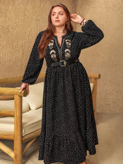 Plus Size Embroidered Polka Dot Notched Long Sleeve Dress - Trendsi