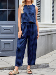 Lovelet Plaid Round Neck Sleeveless Top and Pants Set