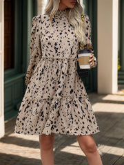 Frill Printed Mock Neck Long Sleeve Mini Dress