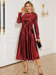 Tie Waist Long Sleeve Midi Dress - Trendsi