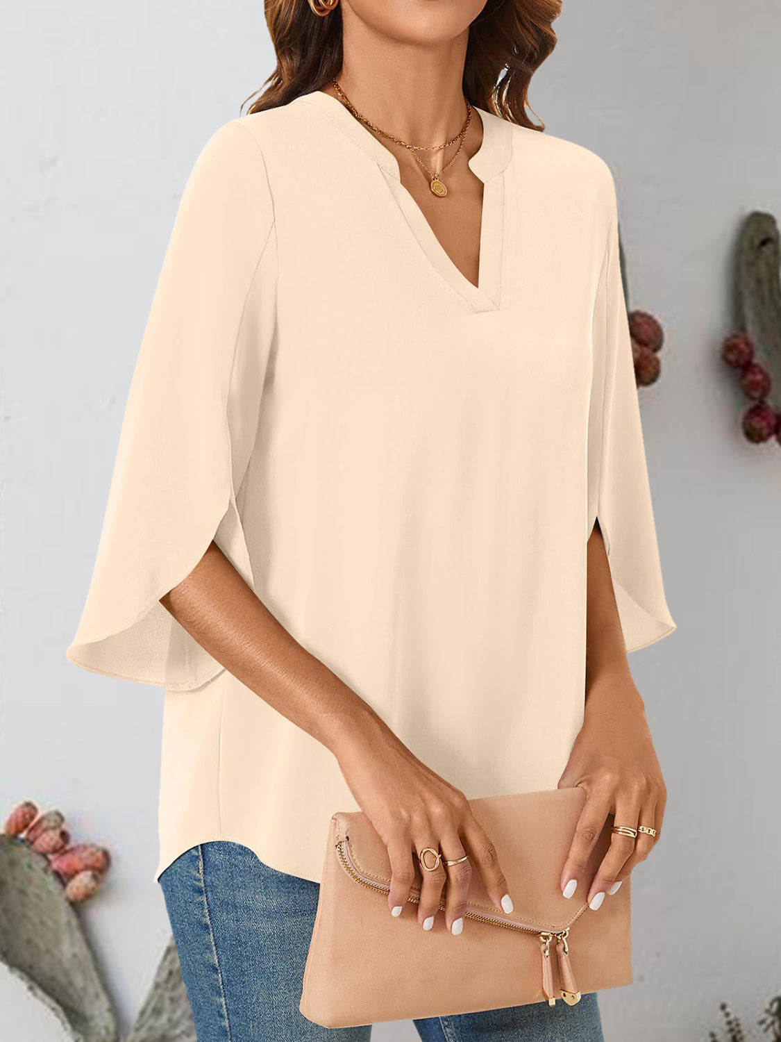 Notched Slit Half Sleeve Blouse Trendsi