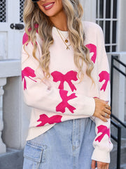 Bow Round Neck Dropped Shoulder Sweater - Trendsi